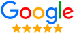 Logo Google multicolore avec cinq étoiles de notation jaunes pleines, indiquant une évaluation parfaite.