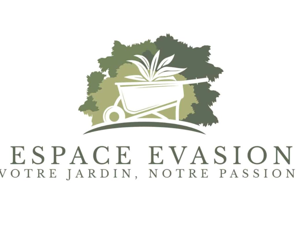 Logo paysagiste Espace Evasion: brouette blanche chargée de plantes sur fond de feuillage vert. Slogan : VOTRE JARDIN, NOTRE PASSION.